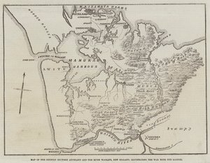 Mapa del país entre Auckland y el río Waikato, Nueva Zelanda, ilustrando la guerra con los nativos